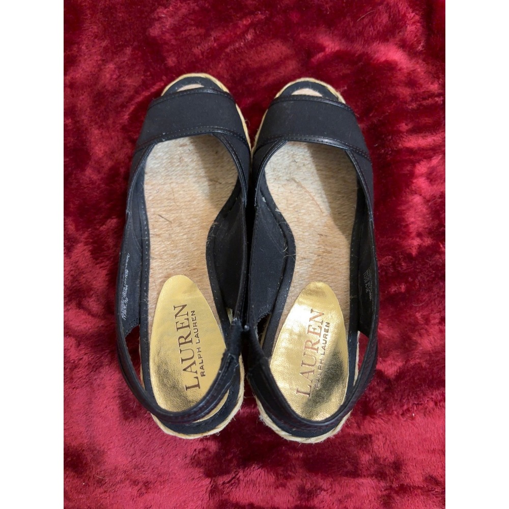 Lauren Ralph Lauren Catrin Black Espadrille Wedge Slingback Sandals Peep Toe 5B - Picture 3 of 9